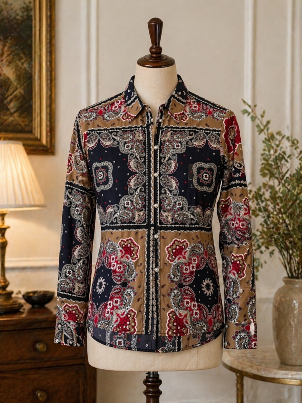 Nautica Navy, Tan & Red Paisley Button-Up Blouse